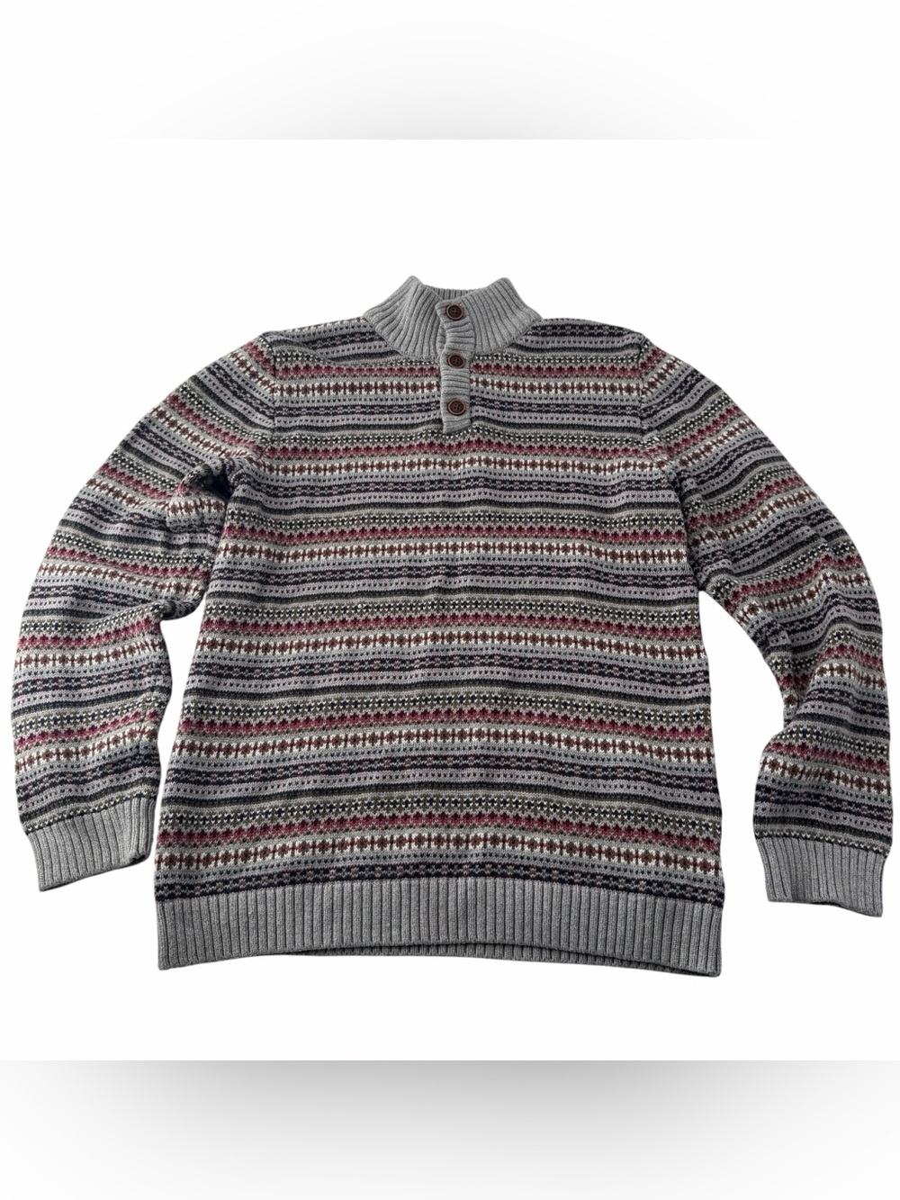 Janie and Jack Boy's Grey Fair Isle Sweater with Burgundy and Navy Accents Sz 18